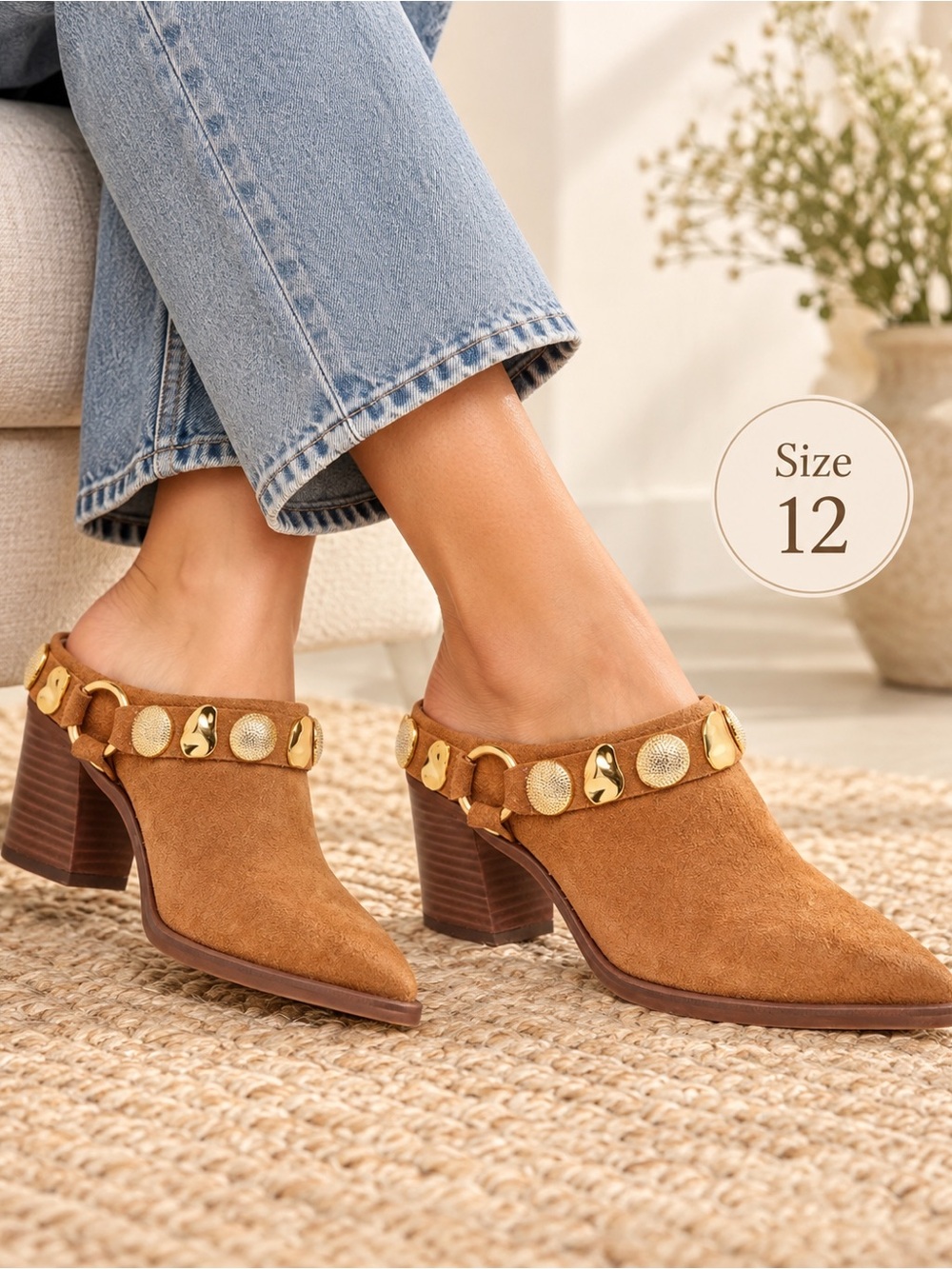Dolce Vita Tan Suede Block Heel Mules with Gold Medallion Trim